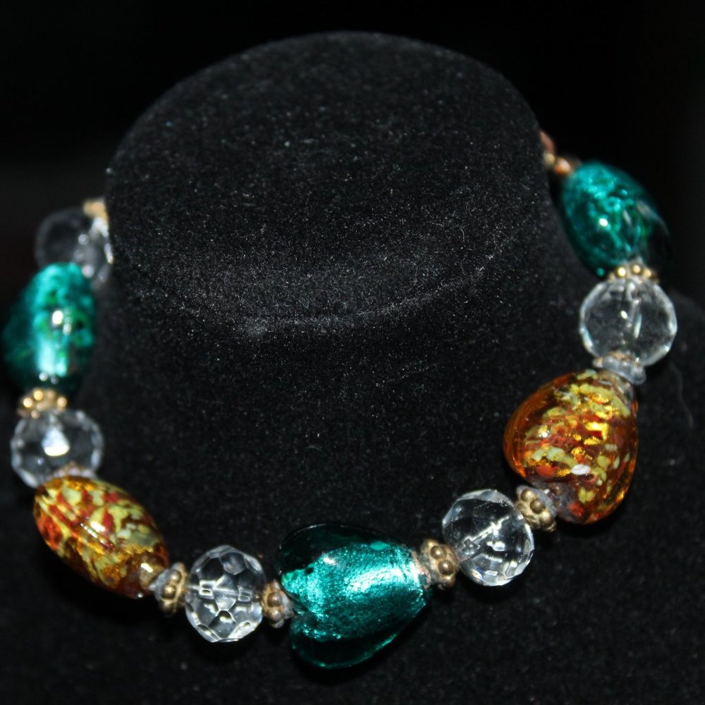 Beautiful Glass Beaded Bracelet. Blue/Green and Orange Hearts.